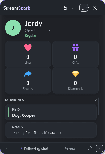 StreamSpark's current viewer card showing Jordy's sample activity totals and saved memories about Cooper and a half marathon.